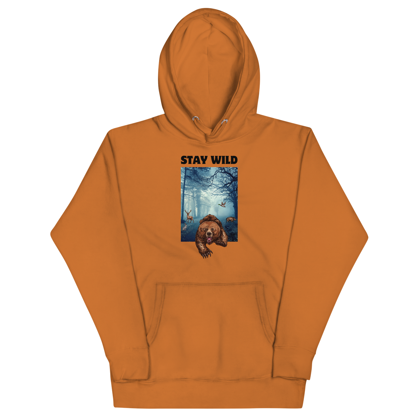 Funny Stay Wild Bear premium graphic hoodie in adobe orange by Boozy Fox