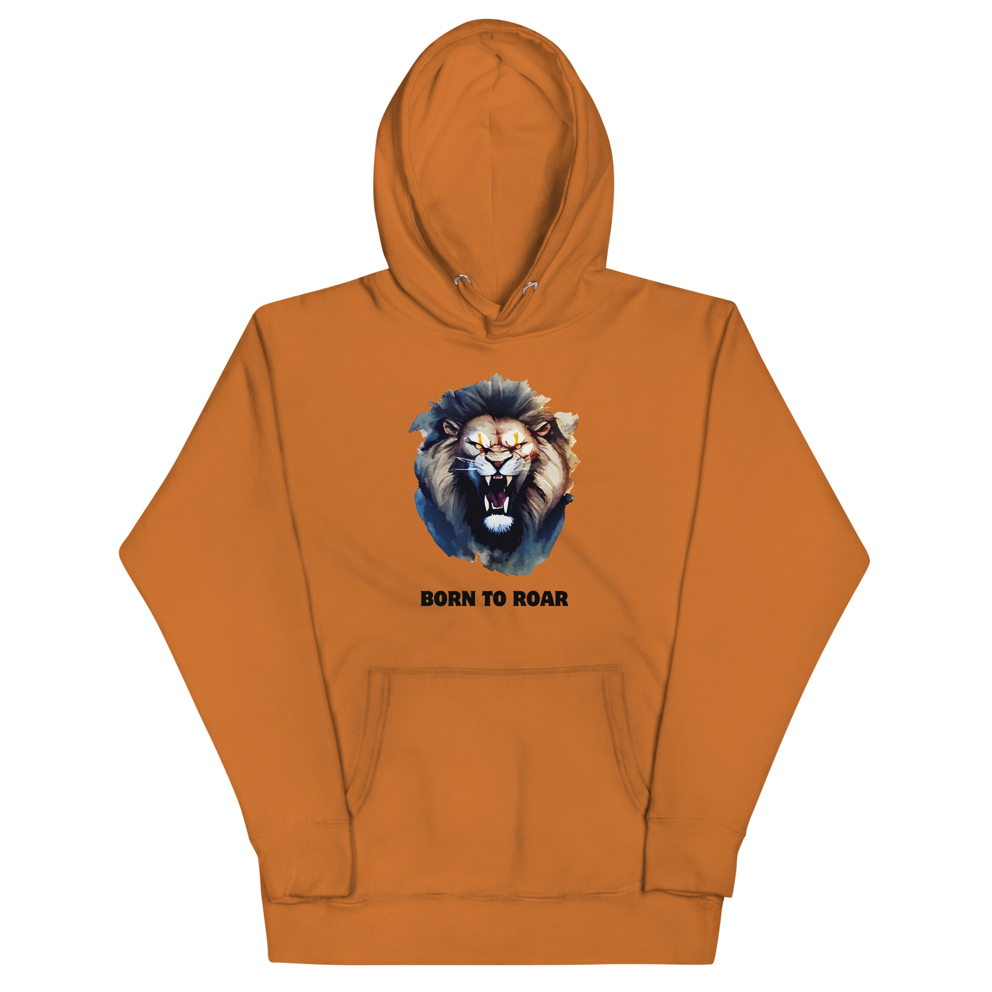 Funny Born to Roar Angry Lion premium graphic hoodie in adobe orange by Boozy Fox