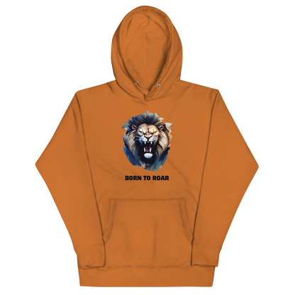 Funny Born to Roar Angry Lion premium graphic hoodie in adobe orange by Boozy Fox