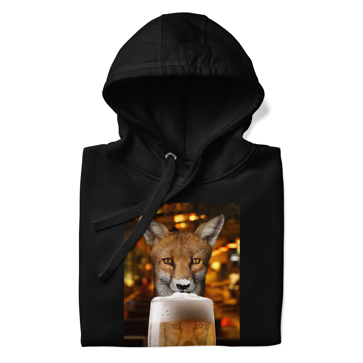 Front details of a Funny Just One More Fox premium graphic hoodie in black by Boozy Fox