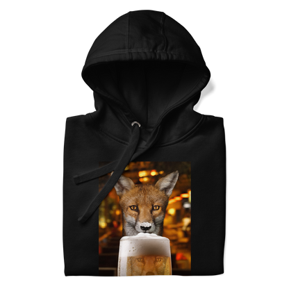 Front details of a Funny Just One More Fox premium graphic hoodie in black by Boozy Fox