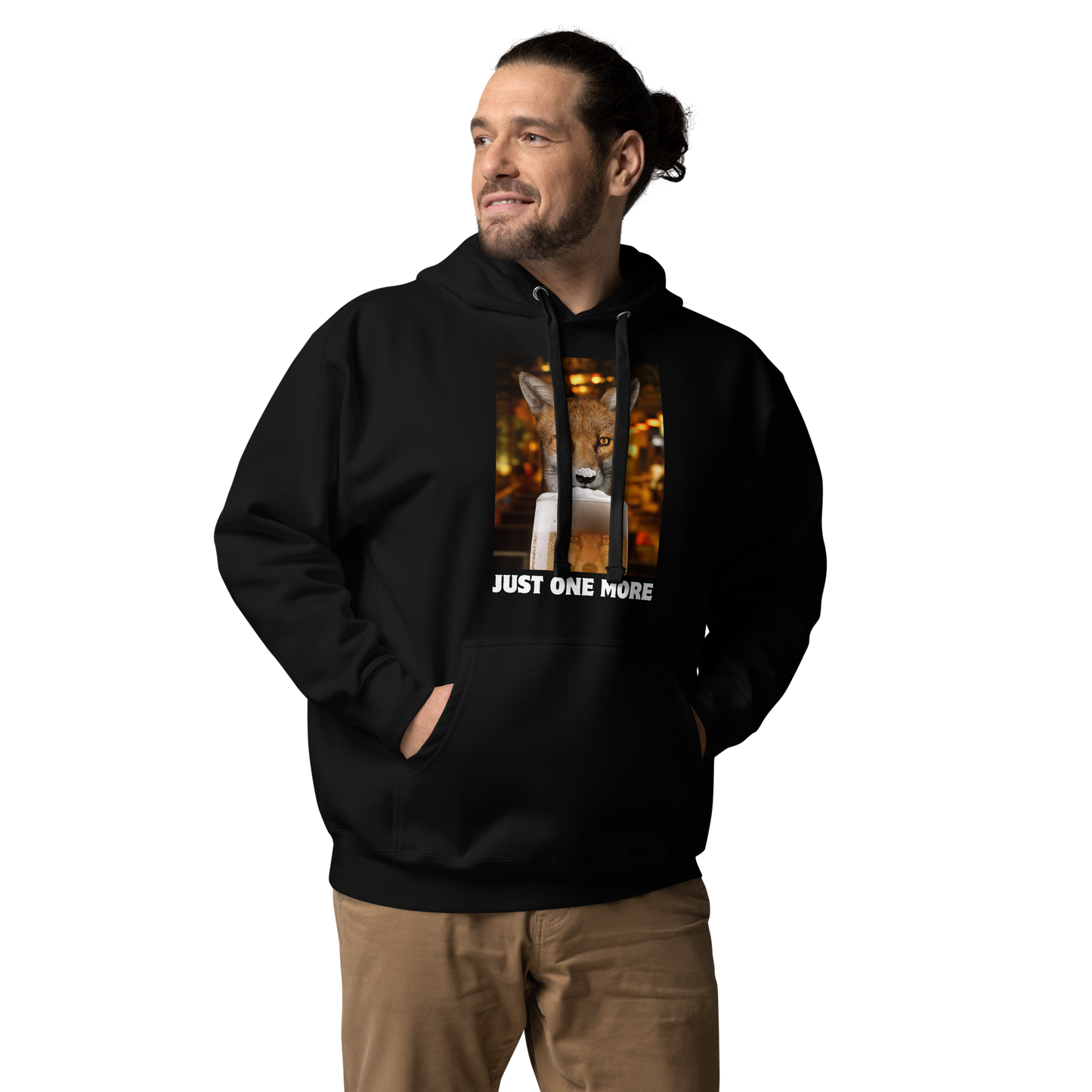 Man wearing a Funny Just One More Fox premium graphic hoodie in black by Boozy Fox