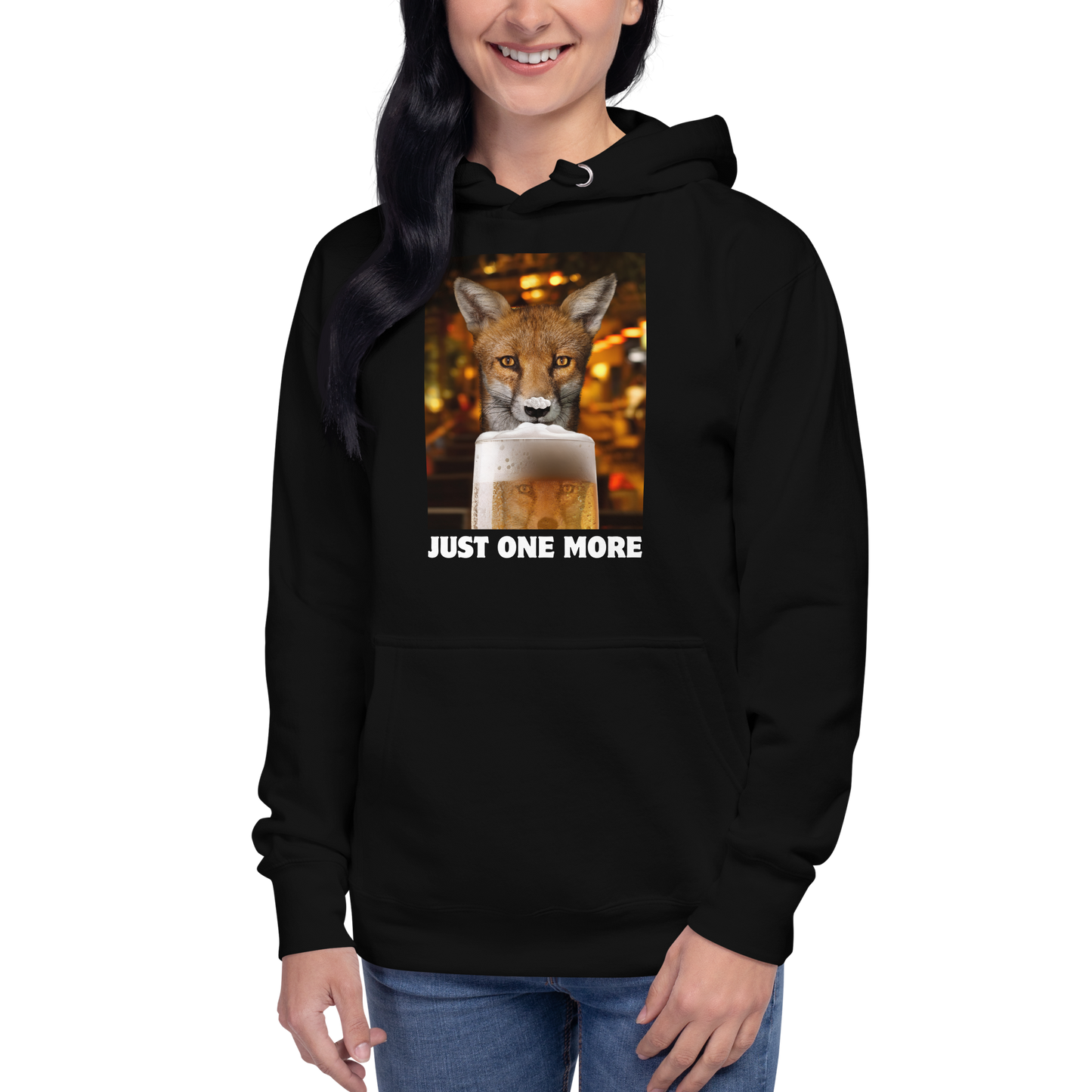 Woman wearing a Funny Just One More Fox premium graphic hoodie in black by Boozy Fox