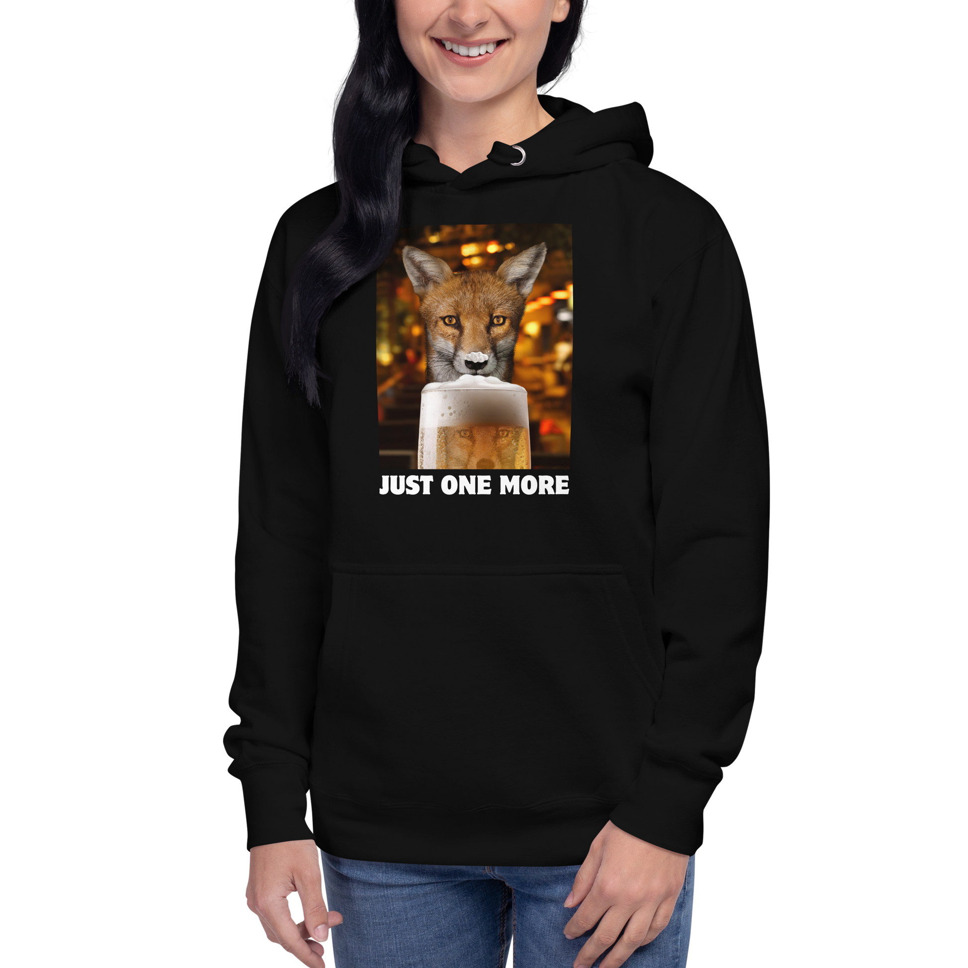 Woman wearing a Funny Just One More Fox premium graphic hoodie in black by Boozy Fox
