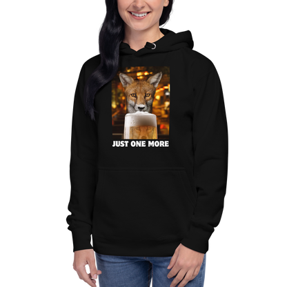 Woman wearing a Funny Just One More Fox premium graphic hoodie in black by Boozy Fox