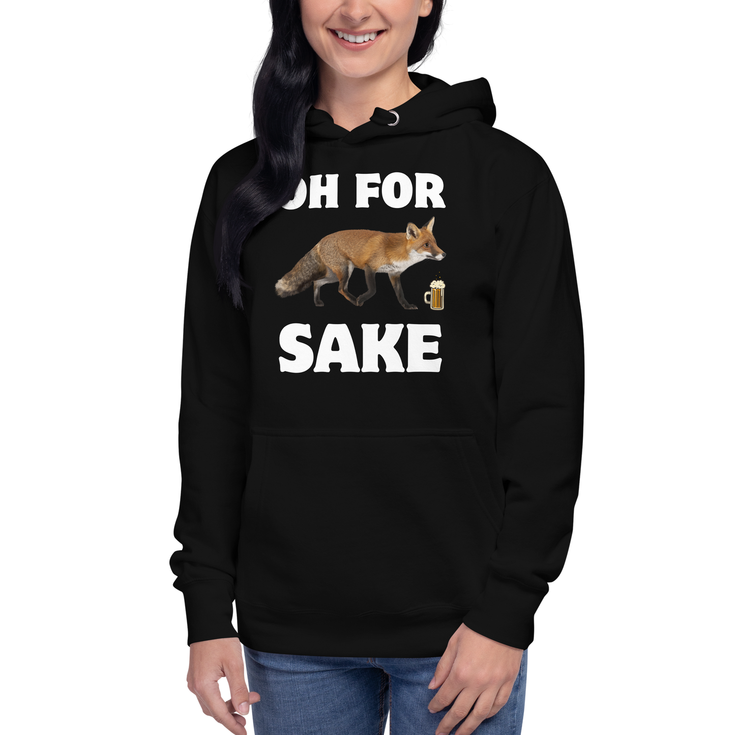 Woman wearing a Funny Oh For Fox Sake premium graphic hoodie in black by Boozy Fox