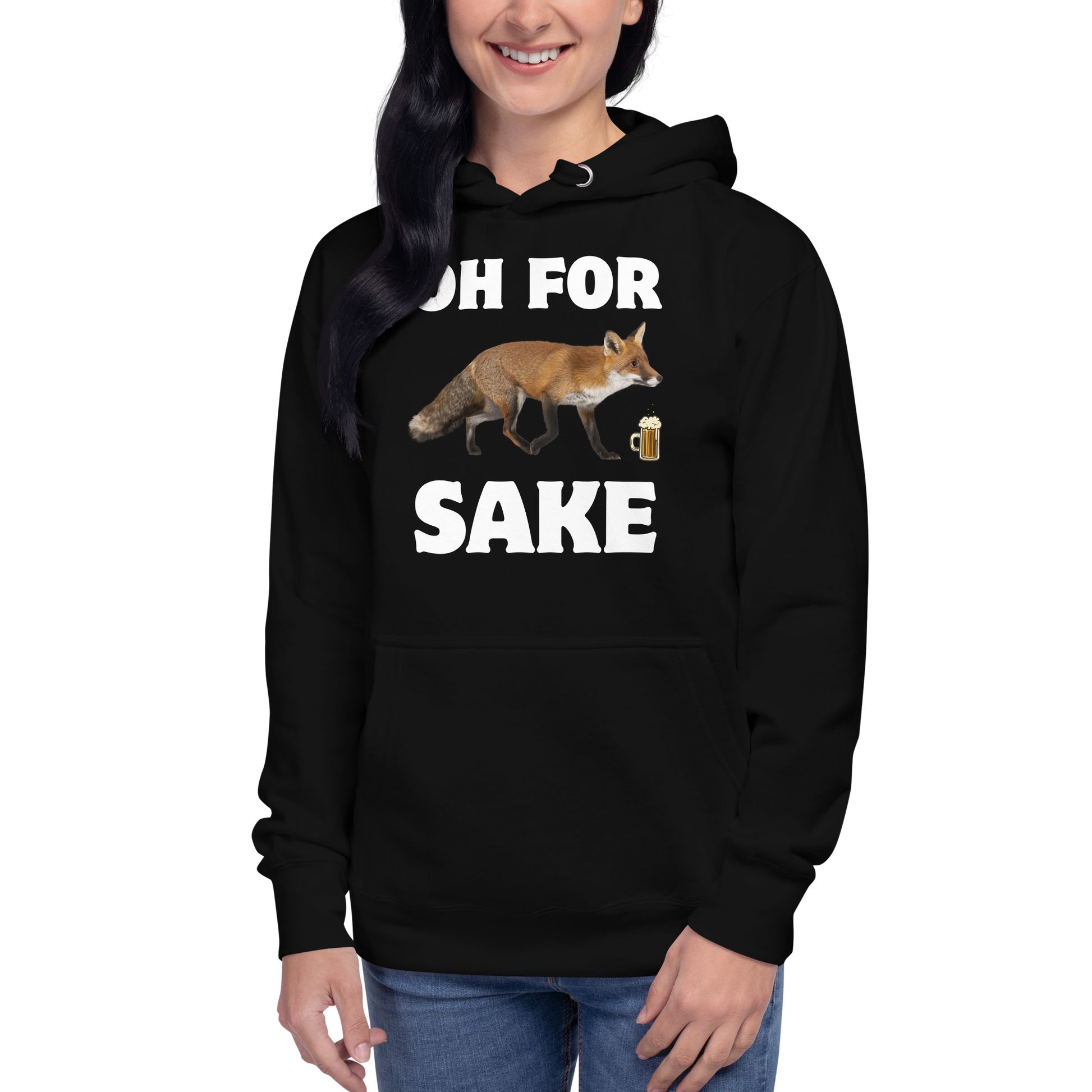 Woman wearing a Funny Oh For Fox Sake premium graphic hoodie in black by Boozy Fox