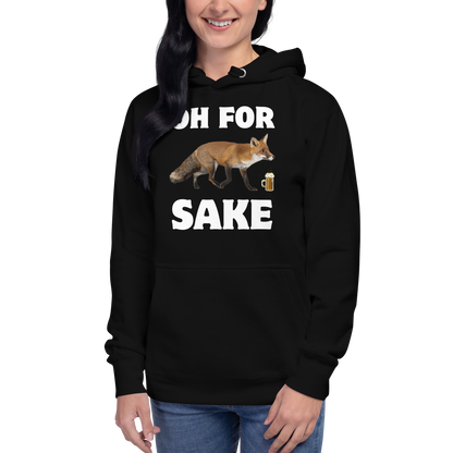 Woman wearing a Funny Oh For Fox Sake premium graphic hoodie in black by Boozy Fox