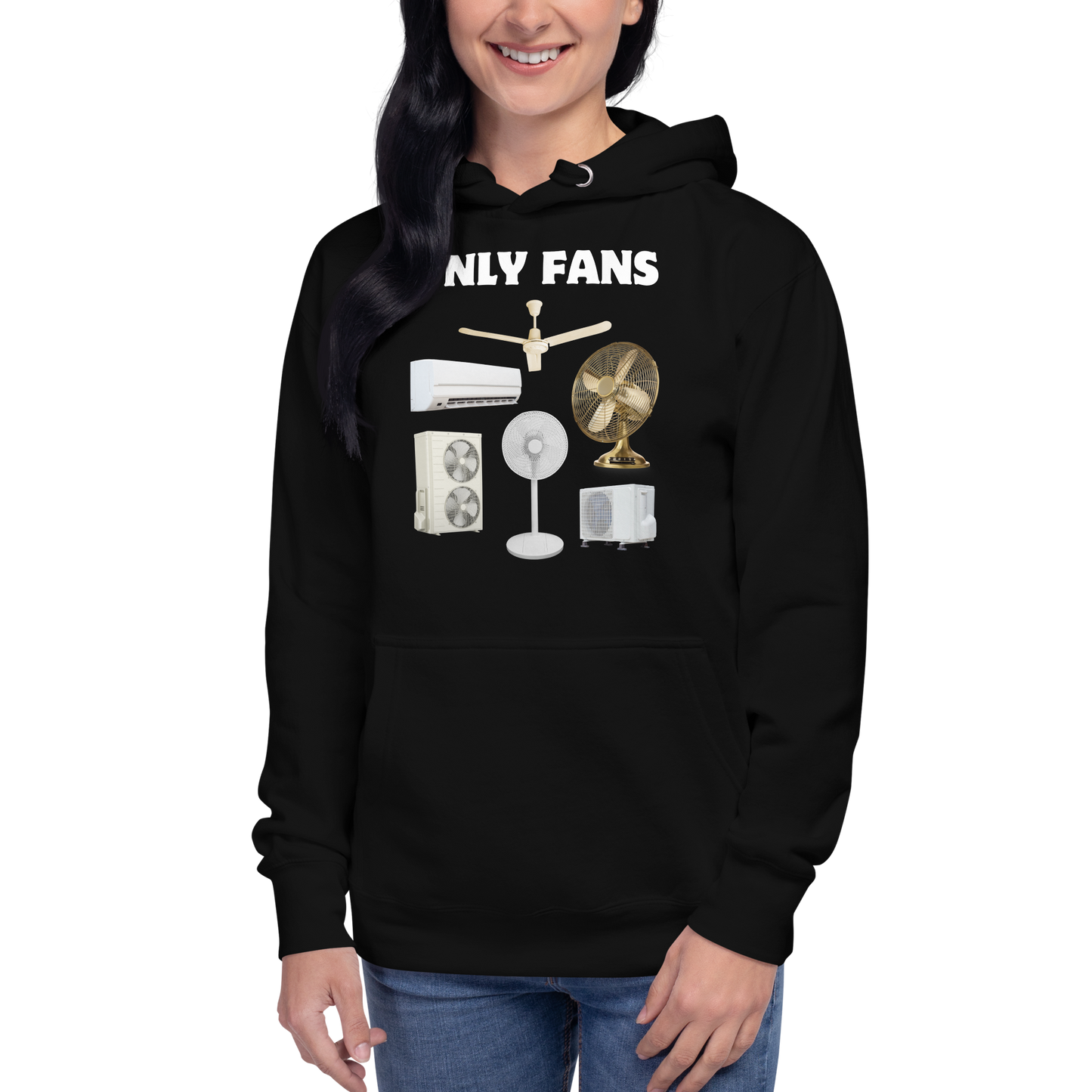 Woman wearing a funny Only Fans parody premium graphic hoodie in black by Boozy Fox