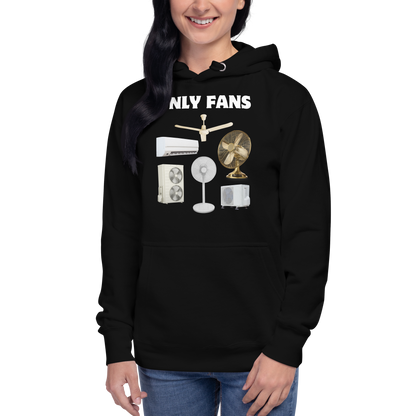 Woman wearing a funny Only Fans parody premium graphic hoodie in black by Boozy Fox