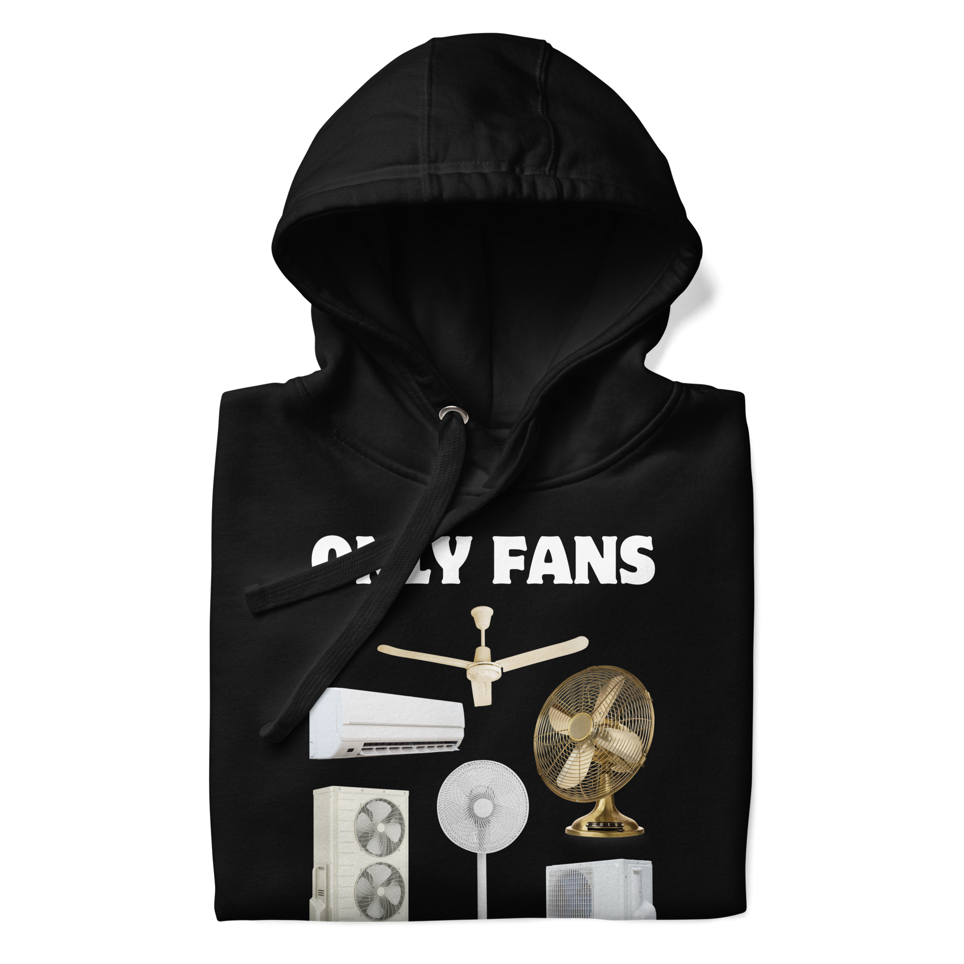 Front details of a funny Only Fans parody premium graphic hoodie in black by Boozy Fox