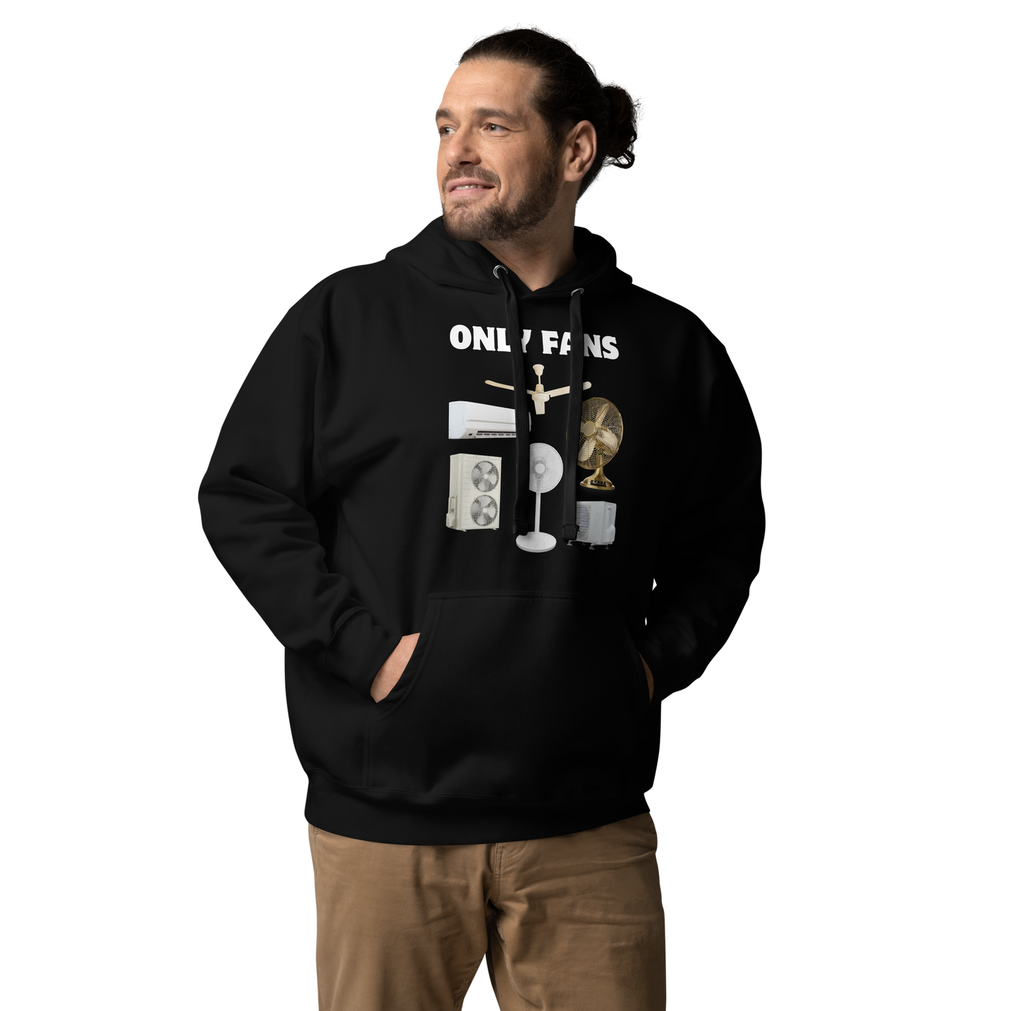 Man wearing a funny Only Fans parody premium graphic hoodie in black by Boozy Fox