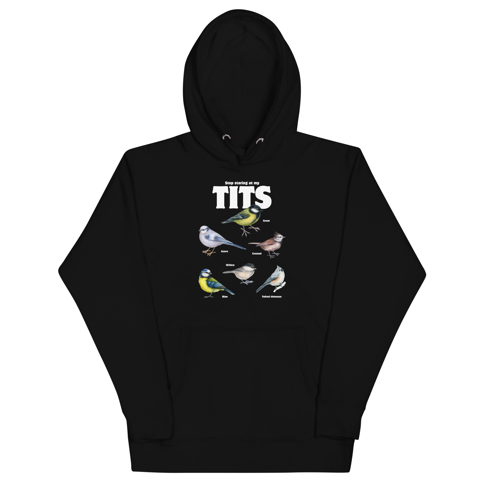 Funny Stop Staring At My Tits Bird premium graphic hoodie in black by Boozy Fox