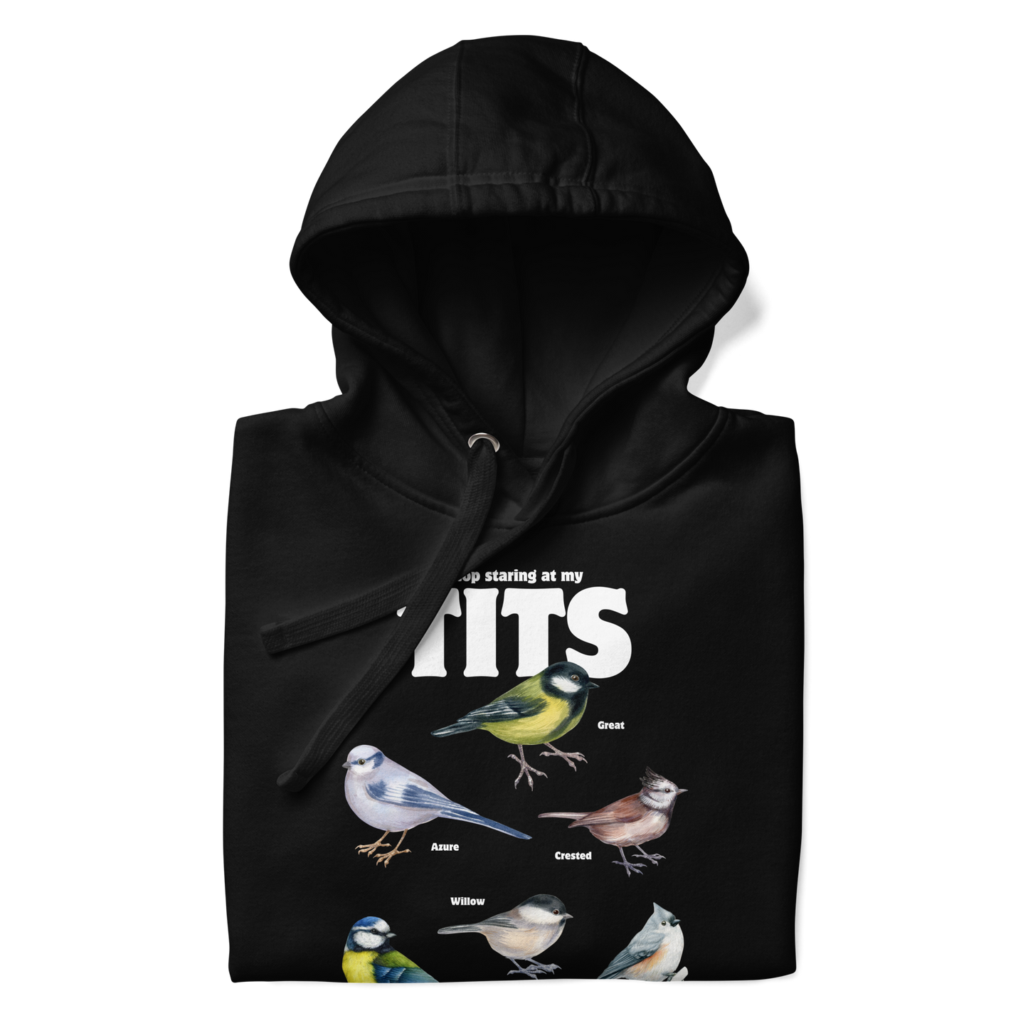 Front details of a Funny Stop Staring At My Tits Bird premium graphic hoodie in black by Boozy Fox