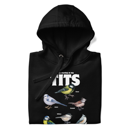 Front details of a Funny Stop Staring At My Tits Bird premium graphic hoodie in black by Boozy Fox