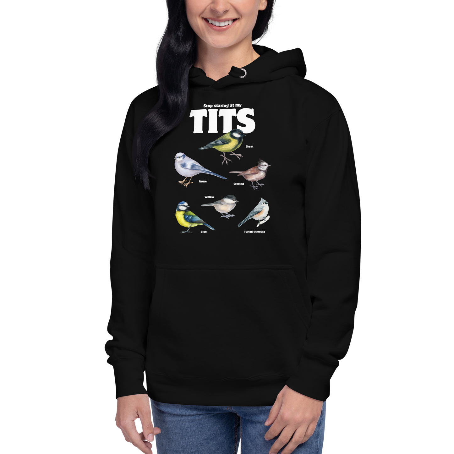 Woman wearing a Funny Stop Staring At My Tits Bird premium graphic hoodie in black by Boozy Fox