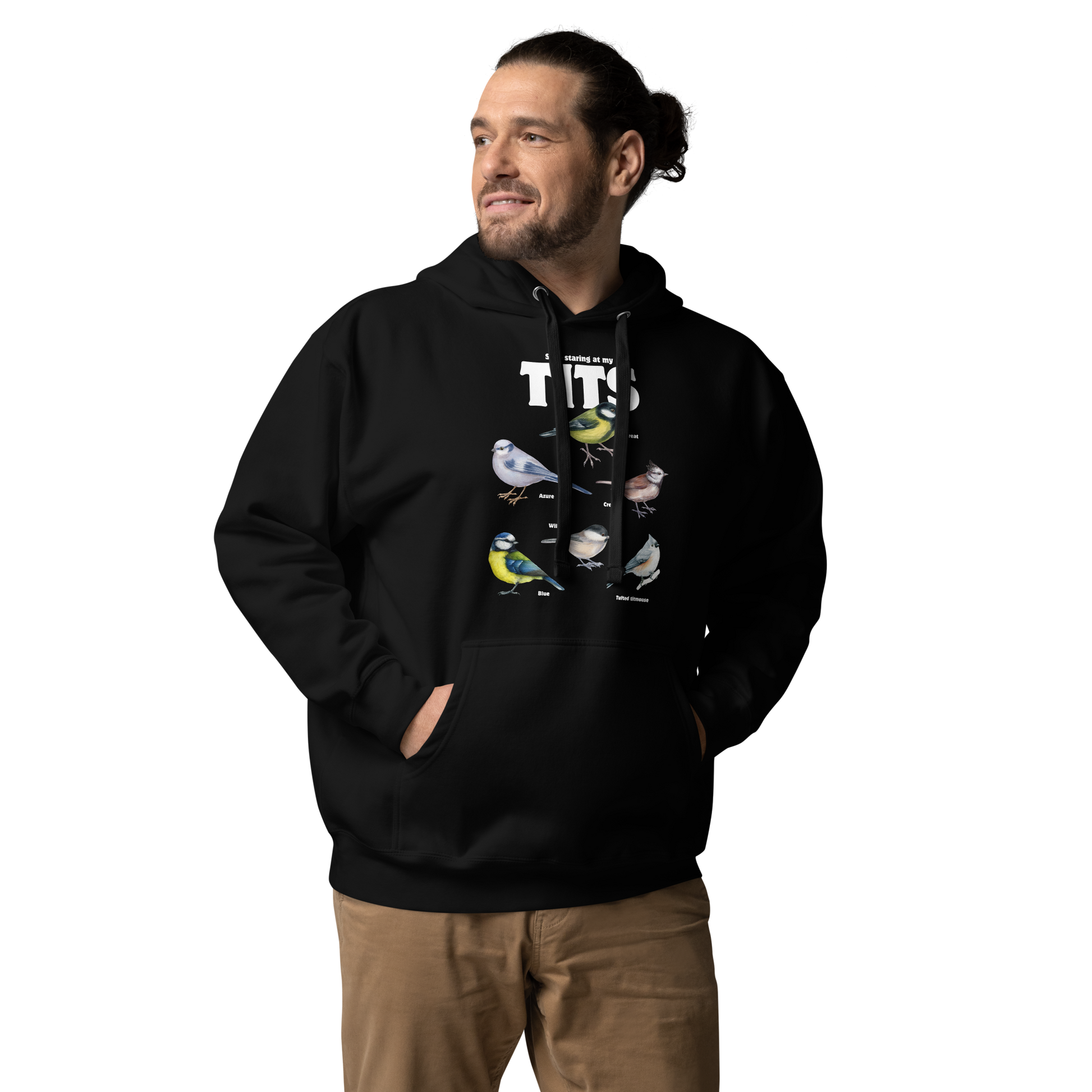 Man wearing a Funny Stop Staring At My Tits Bird premium graphic hoodie in black by Boozy Fox