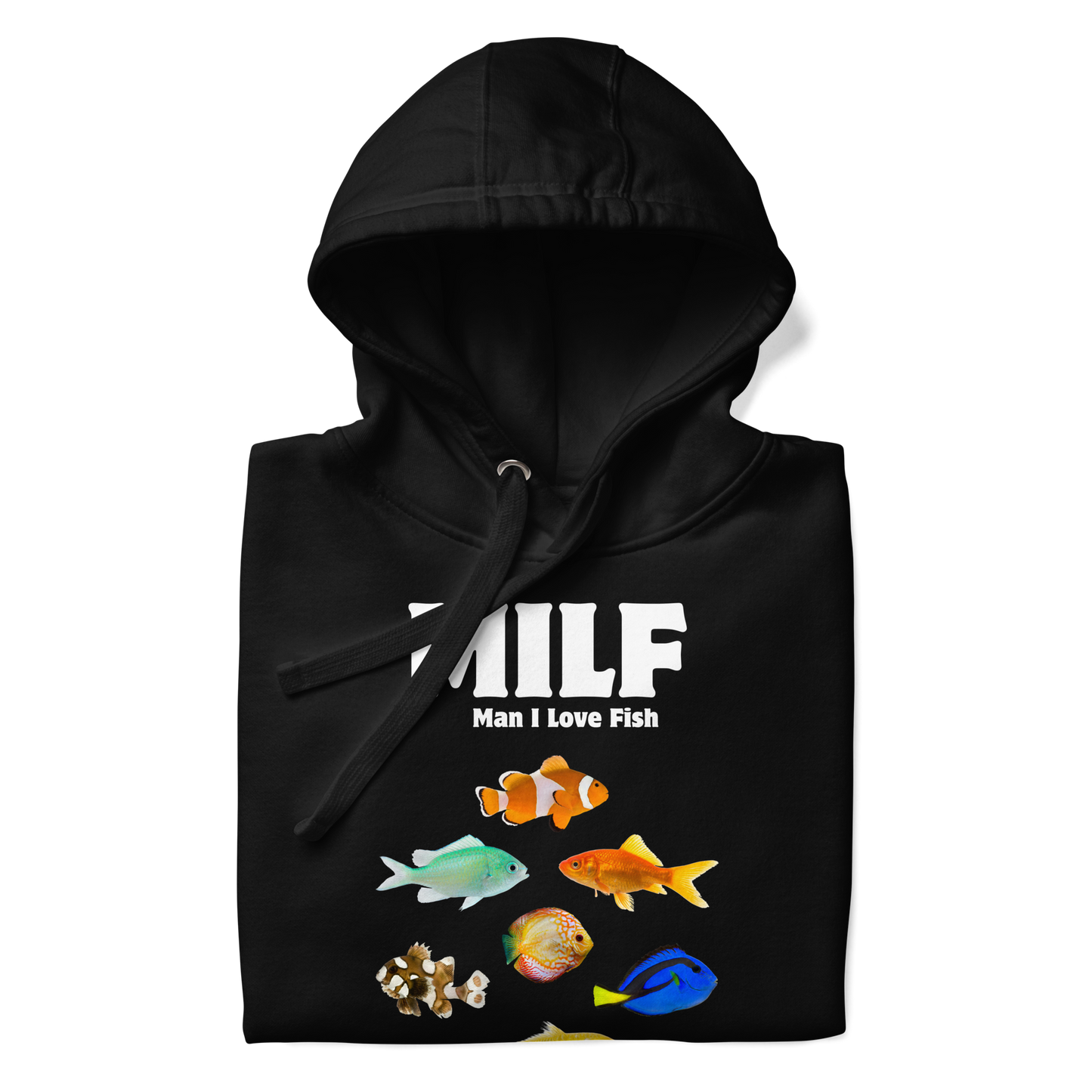 Front details of a Funny Man I Love Fish premium graphic hoodie in black by Boozy Fox
