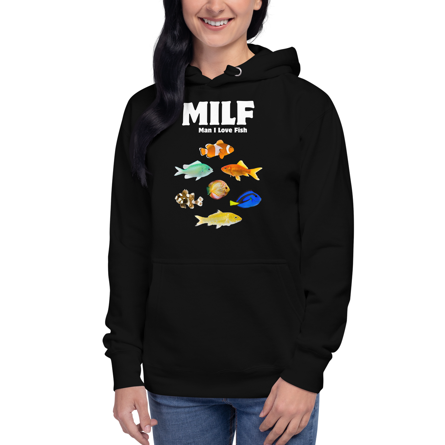 Woman wearing a Funny Man I Love Fish premium graphic hoodie in black by Boozy Fox