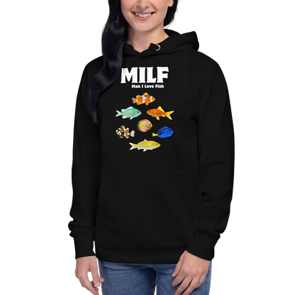 Woman wearing a Funny Man I Love Fish premium graphic hoodie in black by Boozy Fox