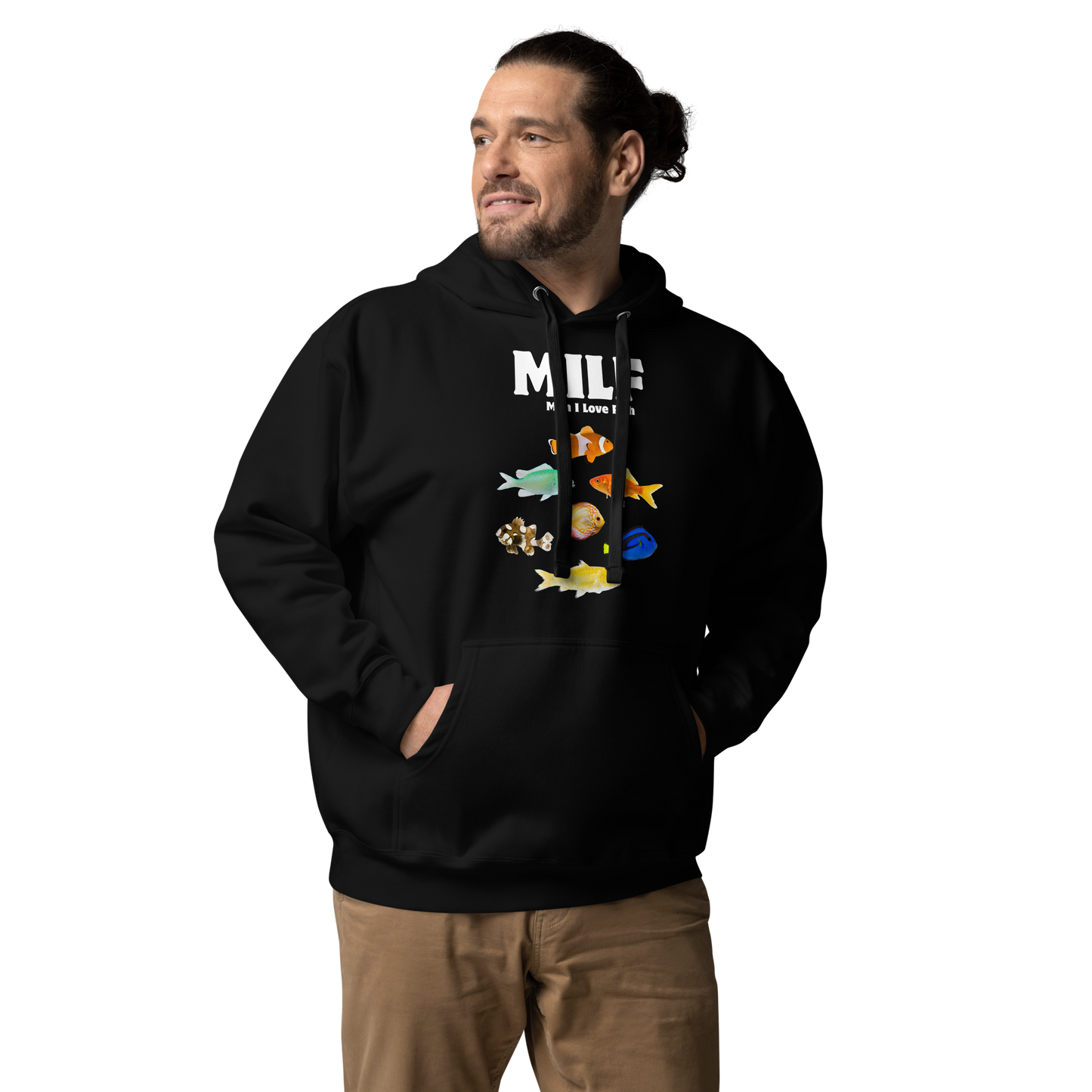 Man wearing a Funny Man I Love Fish premium graphic hoodie in black by Boozy Fox