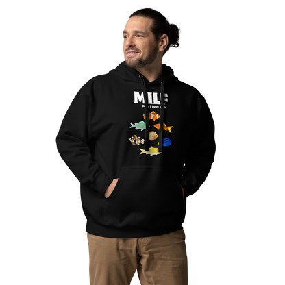 Man wearing a Funny Man I Love Fish premium graphic hoodie in black by Boozy Fox