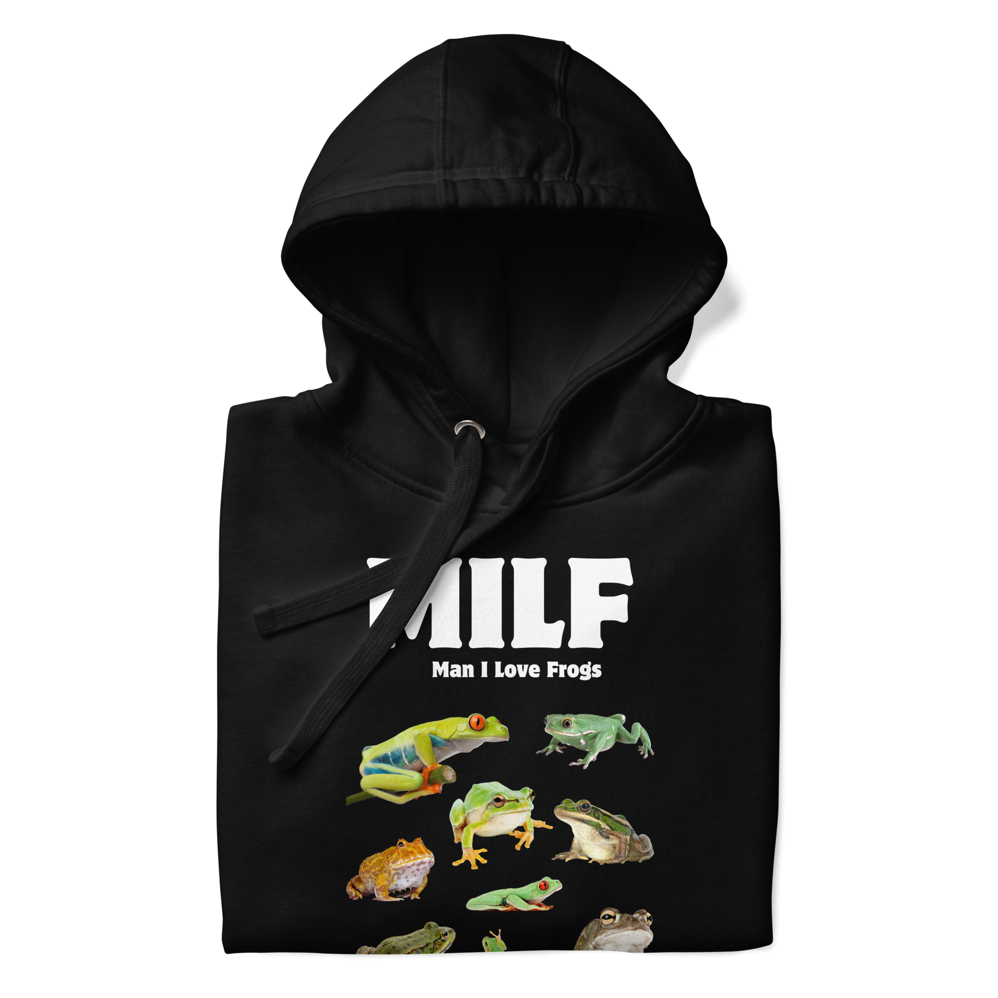 Front details of a Funny Man I Love Frogs premium graphic hoodie in black by Boozy Fox