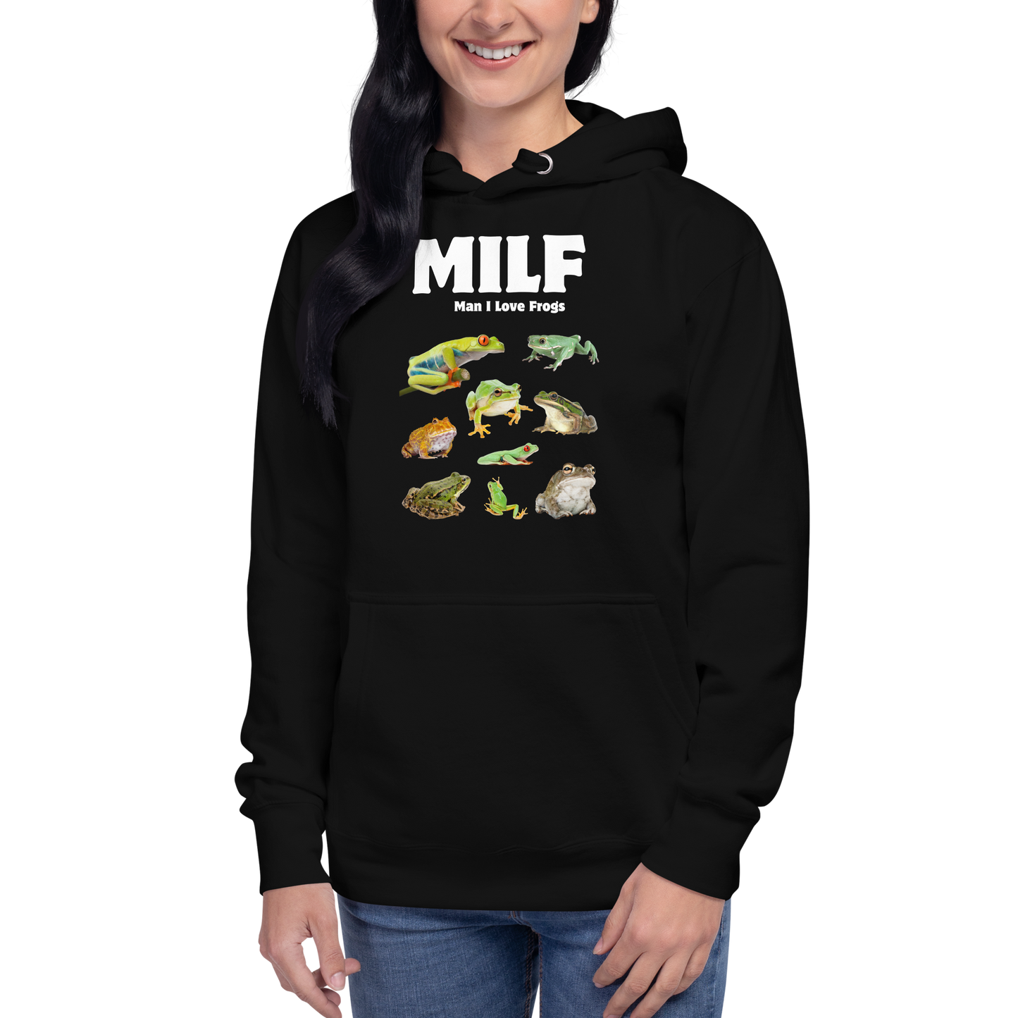 Woman wearing a Funny Man I Love Frogs premium graphic hoodie in black by Boozy Fox