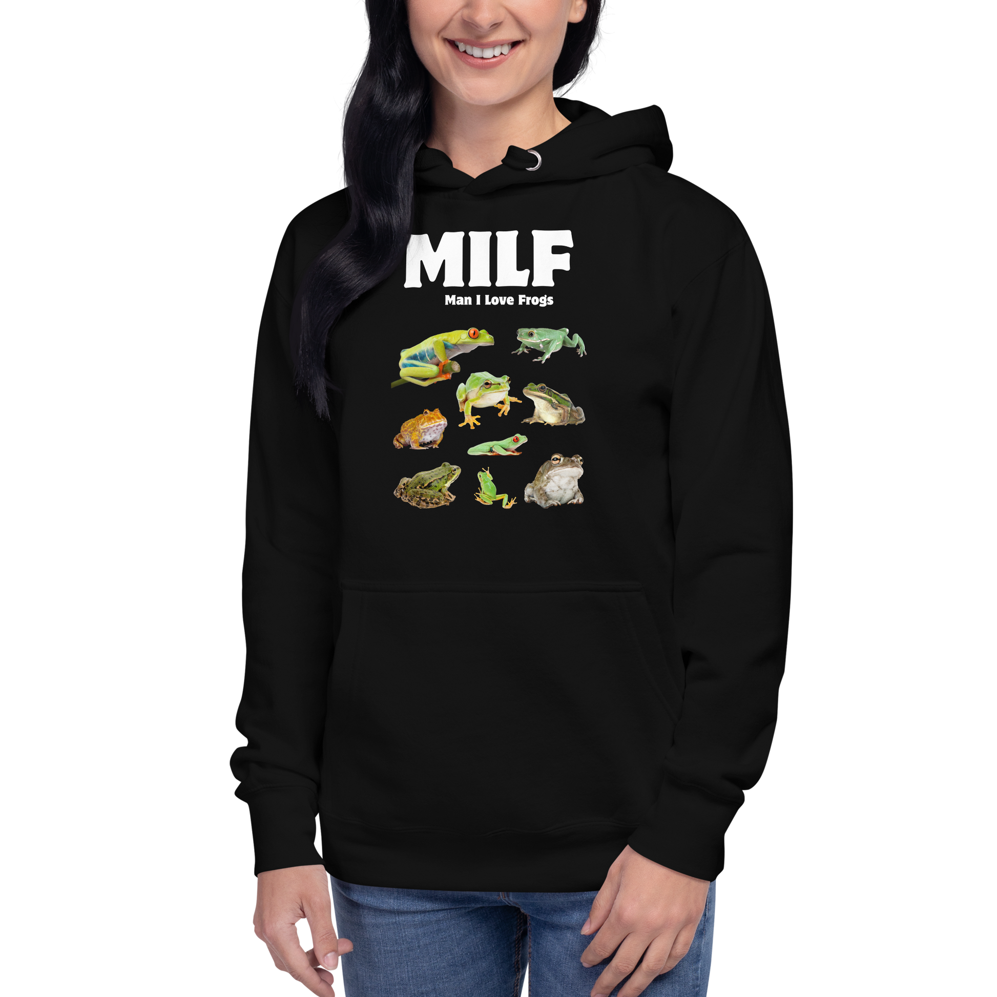 Woman wearing a Funny Man I Love Frogs premium graphic hoodie in black by Boozy Fox