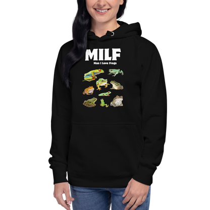 Woman wearing a Funny Man I Love Frogs premium graphic hoodie in black by Boozy Fox