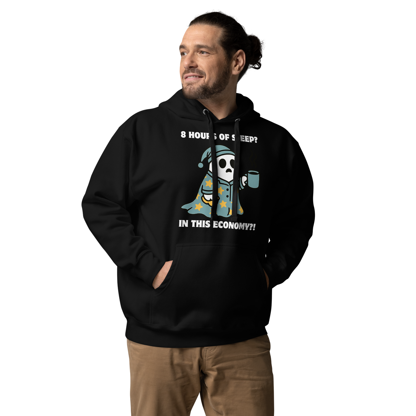 Man wearing a Funny 8 hours of sleep? In this economy?! Coffee premium graphic hoodie in black by Boozy Fox