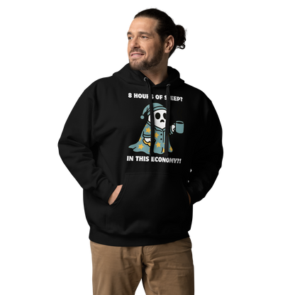 Man wearing a Funny 8 hours of sleep? In this economy?! Coffee premium graphic hoodie in black by Boozy Fox