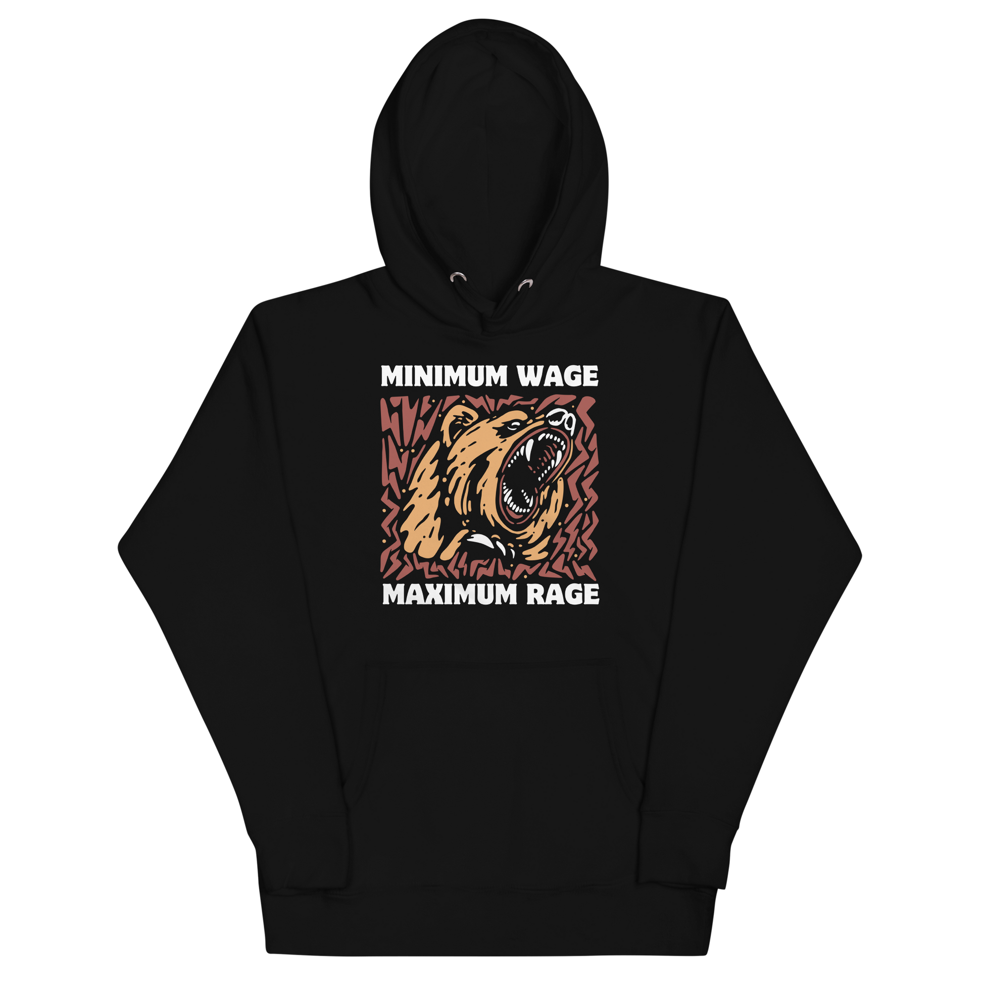 Funny Minimum Wage Maximum Rage Bear premium graphic hoodie in black by Boozy Fox