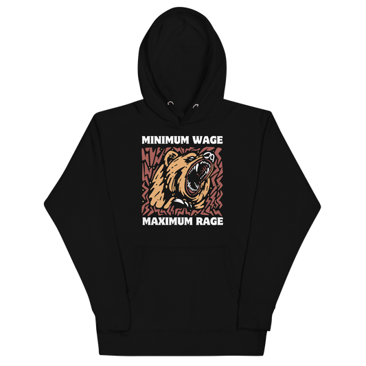 Funny Minimum Wage Maximum Rage Bear premium graphic hoodie in black by Boozy Fox