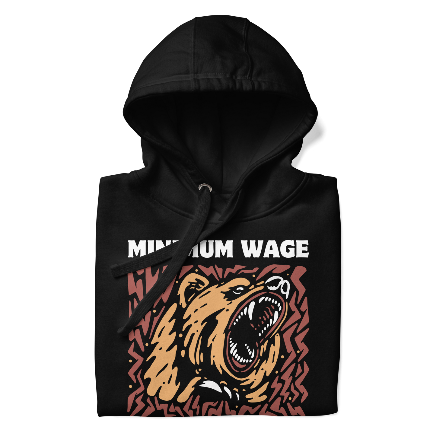 Front details of a Funny Minimum Wage Maximum Rage Bear premium graphic hoodie in black by Boozy Fox