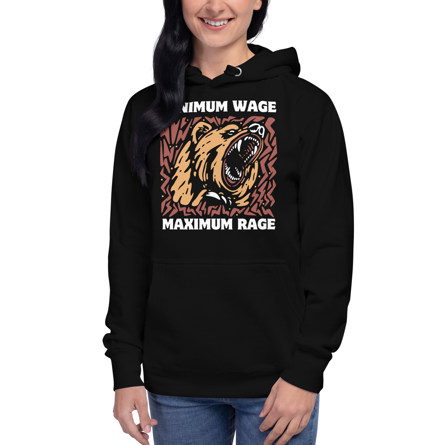 Woman wearing a Funny Minimum Wage Maximum Rage Bear premium graphic hoodie in black by Boozy Fox