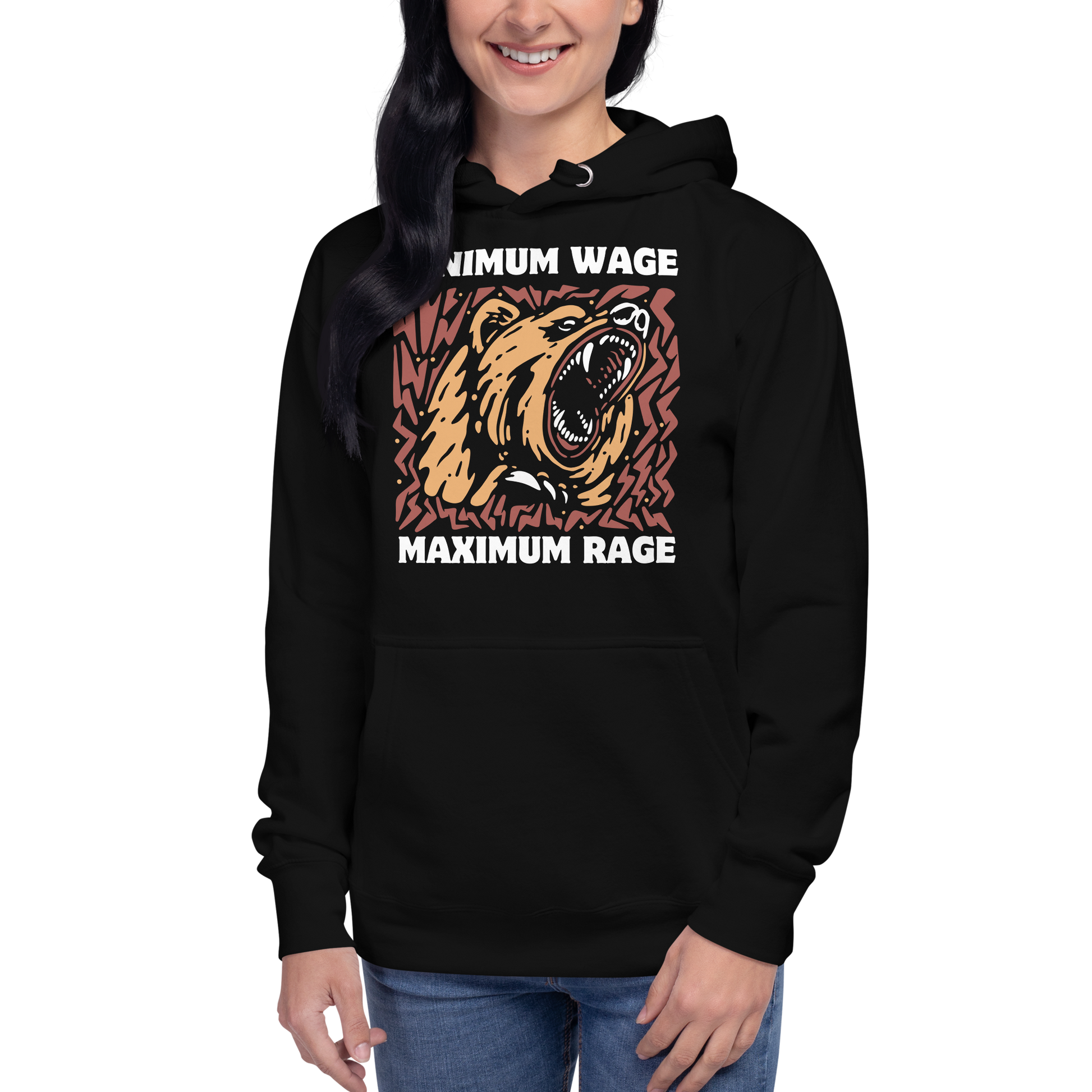 Woman wearing a Funny Minimum Wage Maximum Rage Bear premium graphic hoodie in black by Boozy Fox