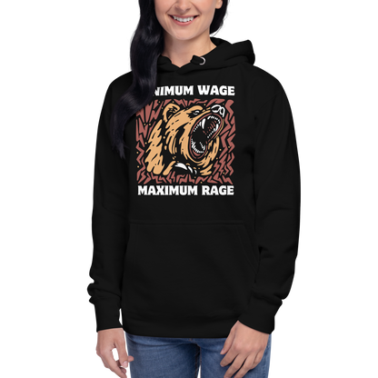 Woman wearing a Funny Minimum Wage Maximum Rage Bear premium graphic hoodie in black by Boozy Fox