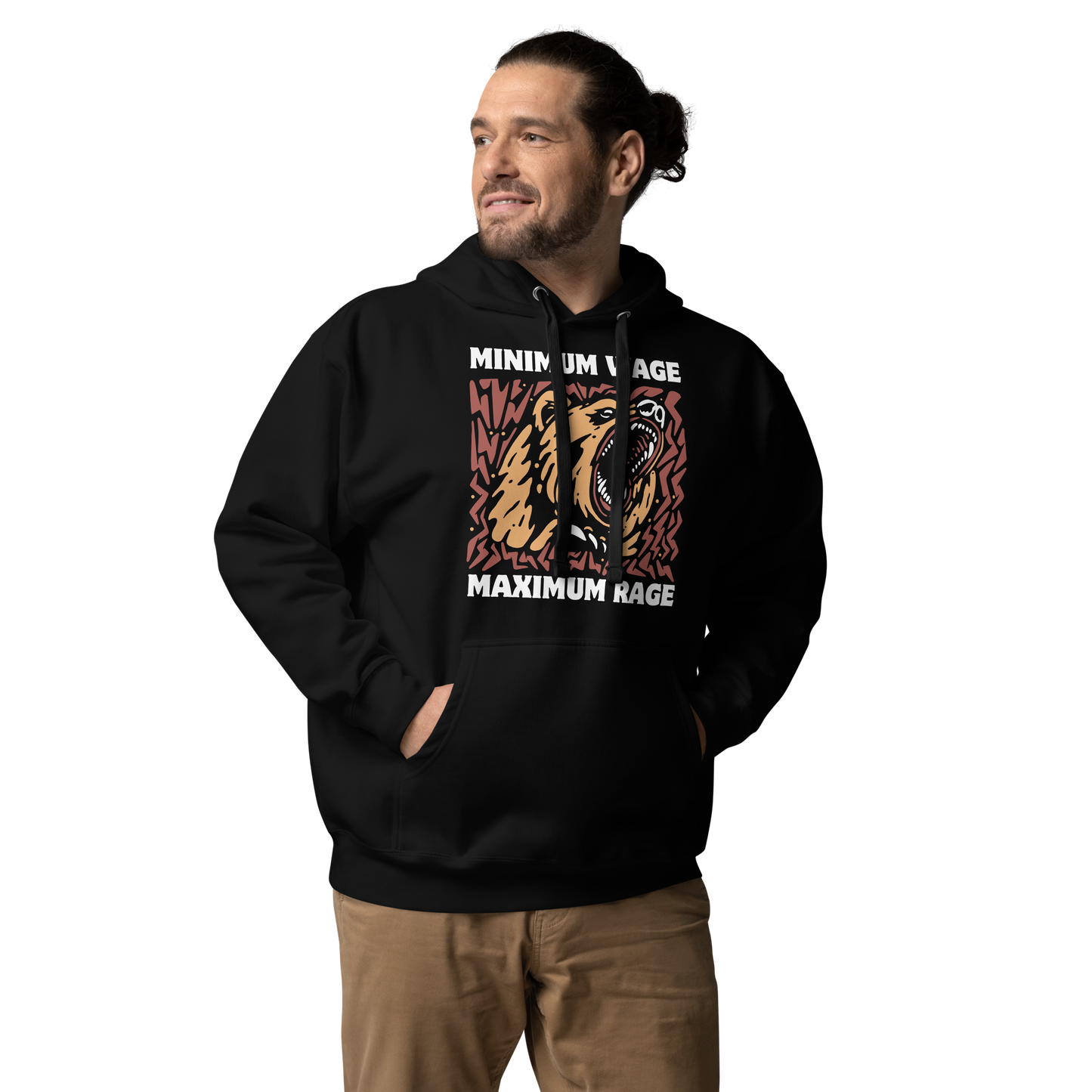 Man wearing a Funny Minimum Wage Maximum Rage Bear premium graphic hoodie in black by Boozy Fox