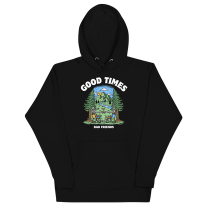 Funny Good Times Bad Friends skeleton beer premium graphic hoodie in black by Boozy Fox