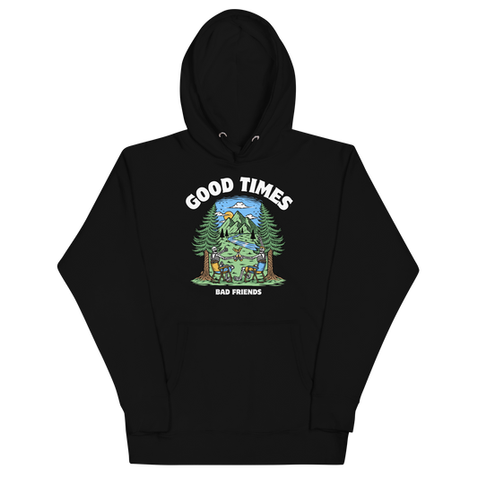 Funny Good Times Bad Friends skeleton beer premium graphic hoodie in black by Boozy Fox