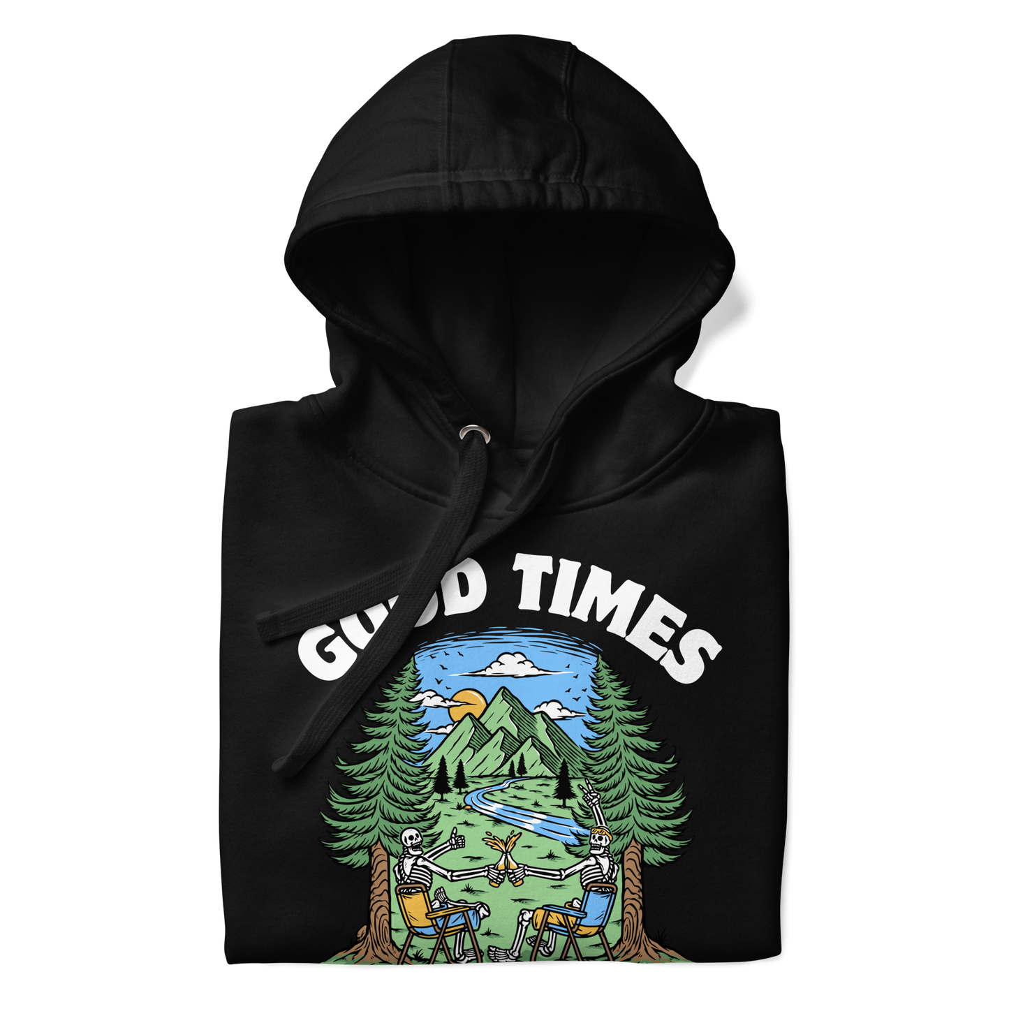 Front details of a Funny Good Times Bad Friends skeleton beer premium graphic hoodie in black by Boozy Fox