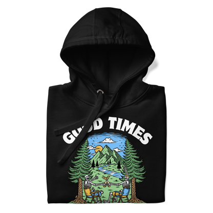 Front details of a Funny Good Times Bad Friends skeleton beer premium graphic hoodie in black by Boozy Fox