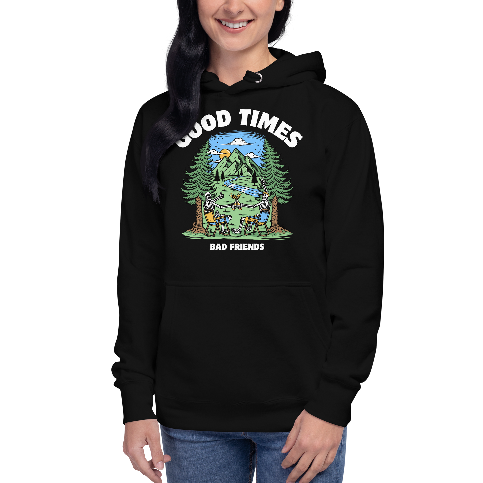 Woman wearing a Funny Good Times Bad Friends skeleton beer premium graphic hoodie in black by Boozy Fox