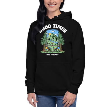 Woman wearing a Funny Good Times Bad Friends skeleton beer premium graphic hoodie in black by Boozy Fox