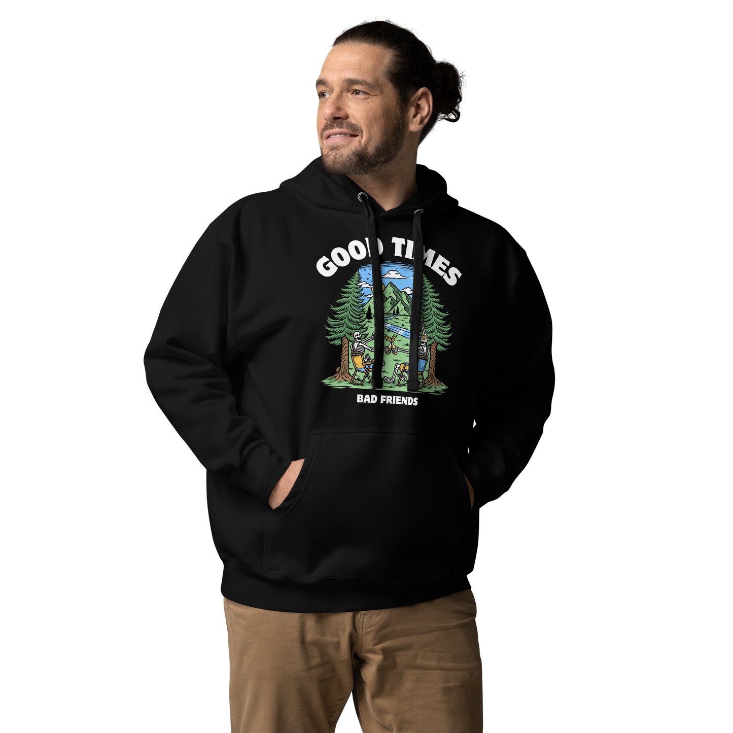 Man wearing a Funny Good Times Bad Friends skeleton beer premium graphic hoodie in black by Boozy Fox