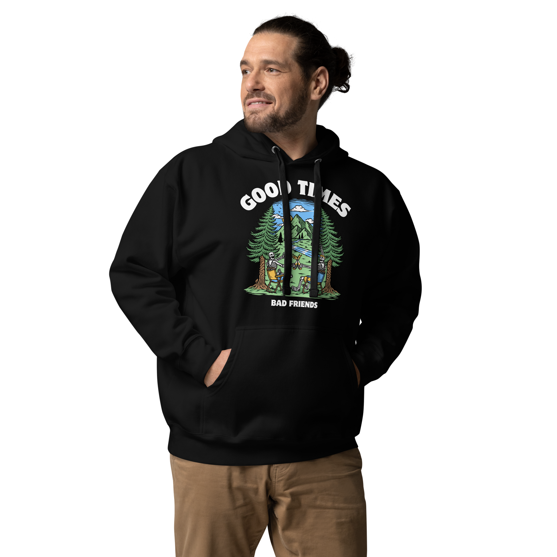 Man wearing a Funny Good Times Bad Friends skeleton beer premium graphic hoodie in black by Boozy Fox