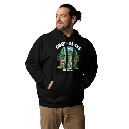 Man wearing a Funny Good Times Bad Friends skeleton beer premium graphic hoodie in black by Boozy Fox