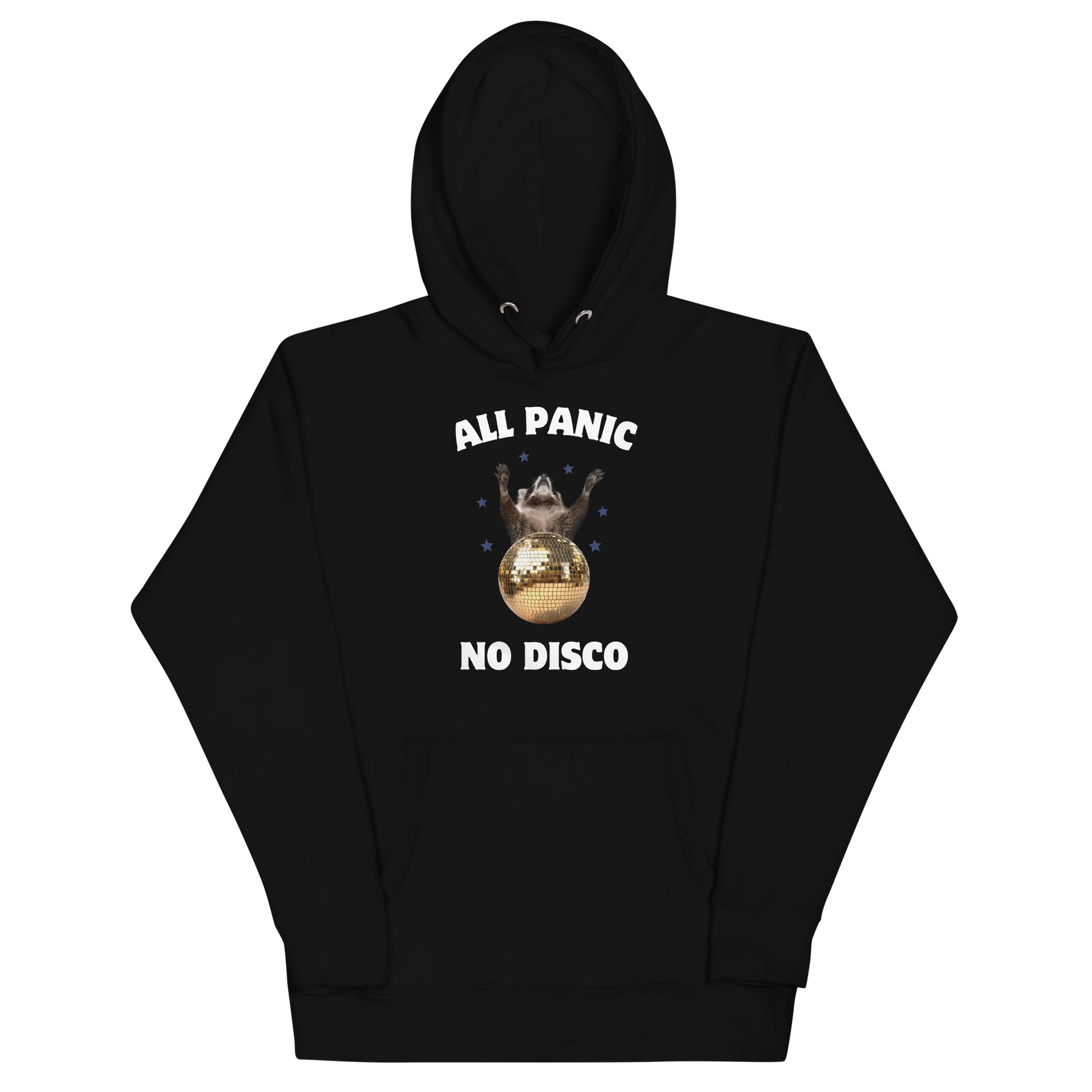 Funny All Panic No Disco Raccoon Disco Ball premium graphic hoodie in black by Boozy Fox