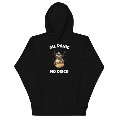 Funny All Panic No Disco Raccoon Disco Ball premium graphic hoodie in black by Boozy Fox